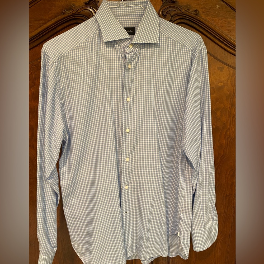 Zegna Dress Shirt 16x36 Blue/White Gingham